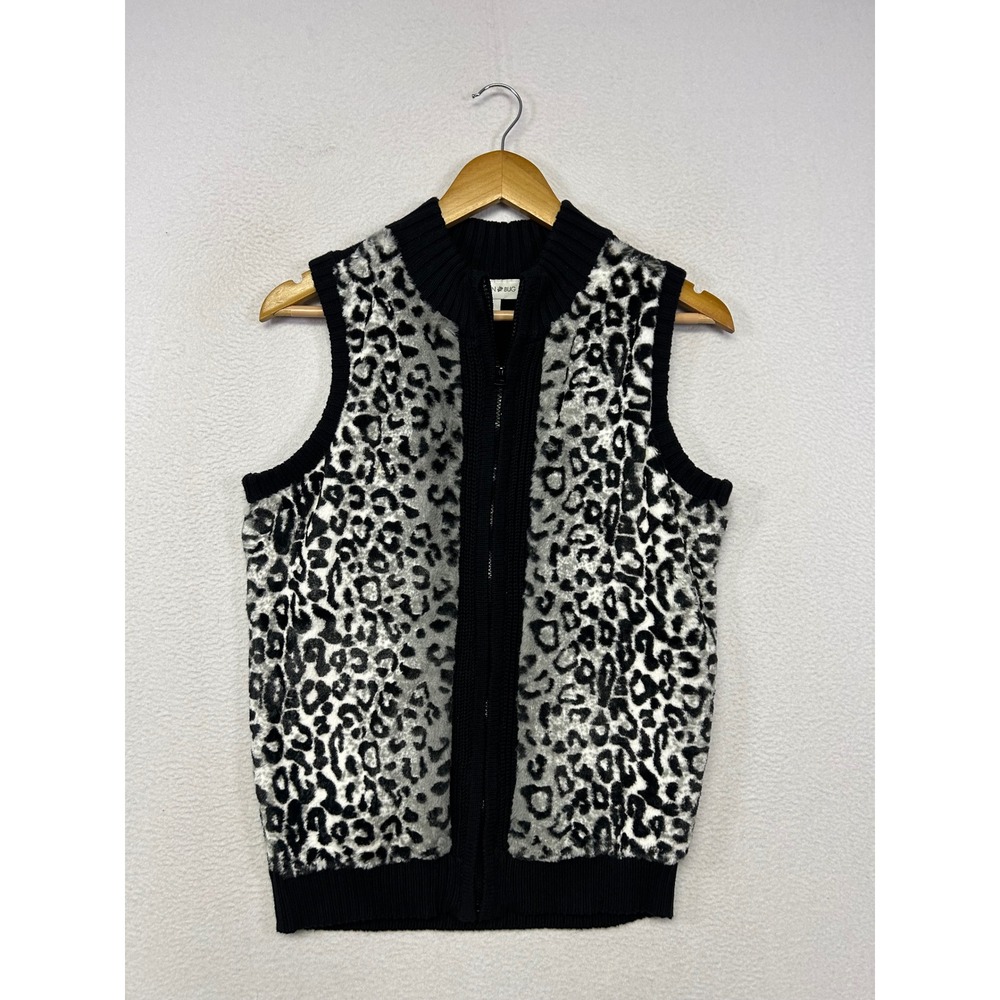 Mob Wife Fashion Bug Womens Small Black Leopard Faux Fur Full Zip Sweater Vest